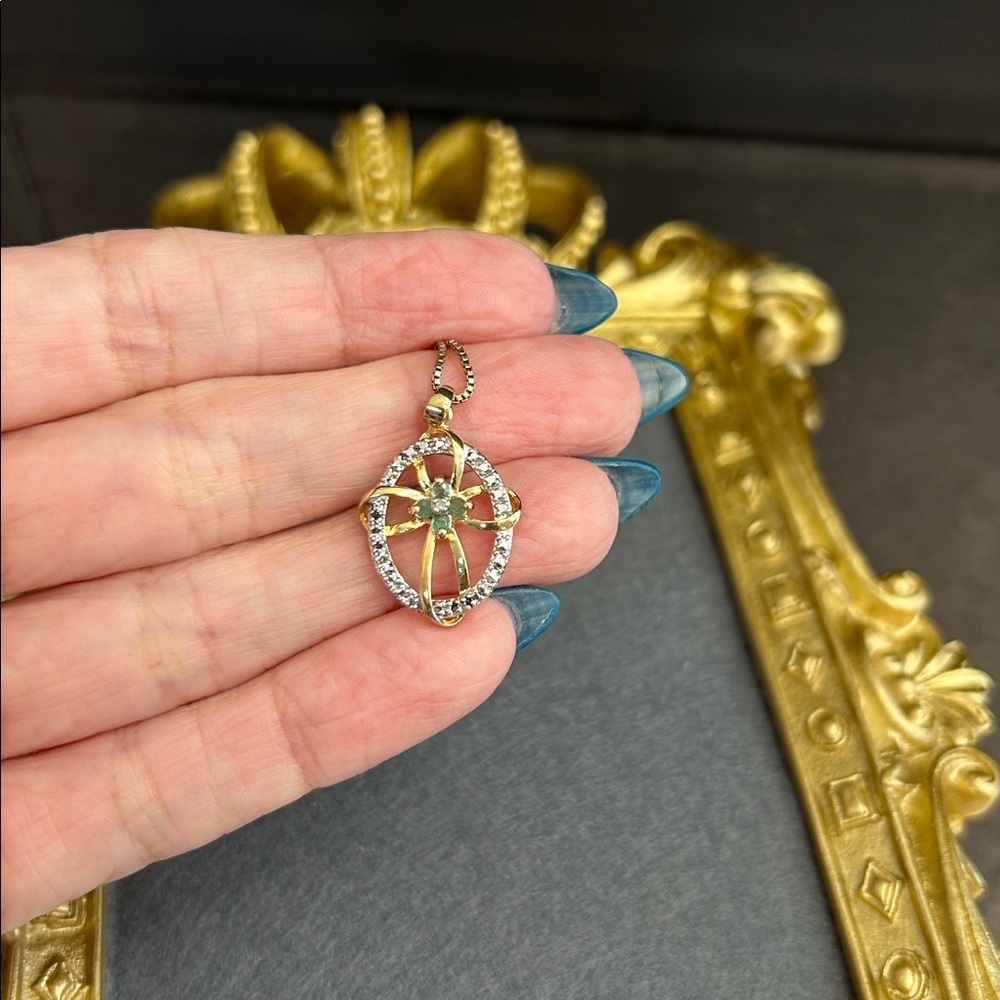 Gold-Plated 925 Green Spinel Stone Cross Pendant Necklace